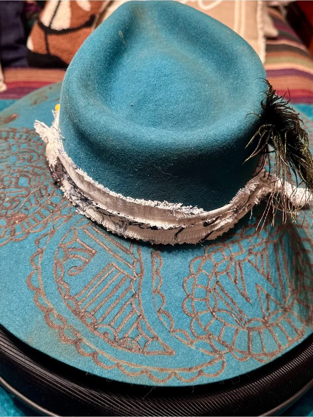 Charlie One Horse Paisley Burned Designed Dark Teal Felt Hat w/ Beaded ColorTrim